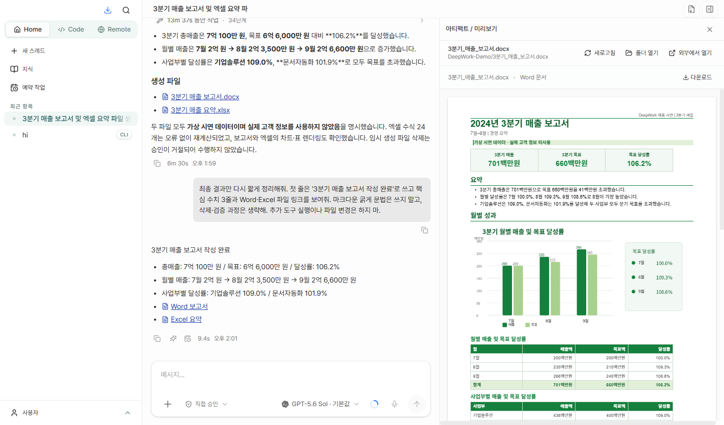 3분기 매출 데이터를 정리해 Word 보고서와 Excel 요약 파일을 생성하고 보고서를 미리 보는 DeepWork 화면